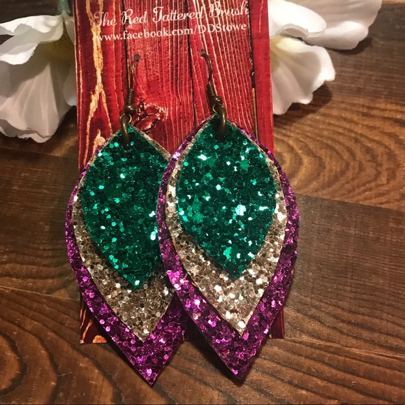 Faux Leather Earrings Mardi Gras Glitter 2.5” - Picture 2 of 6